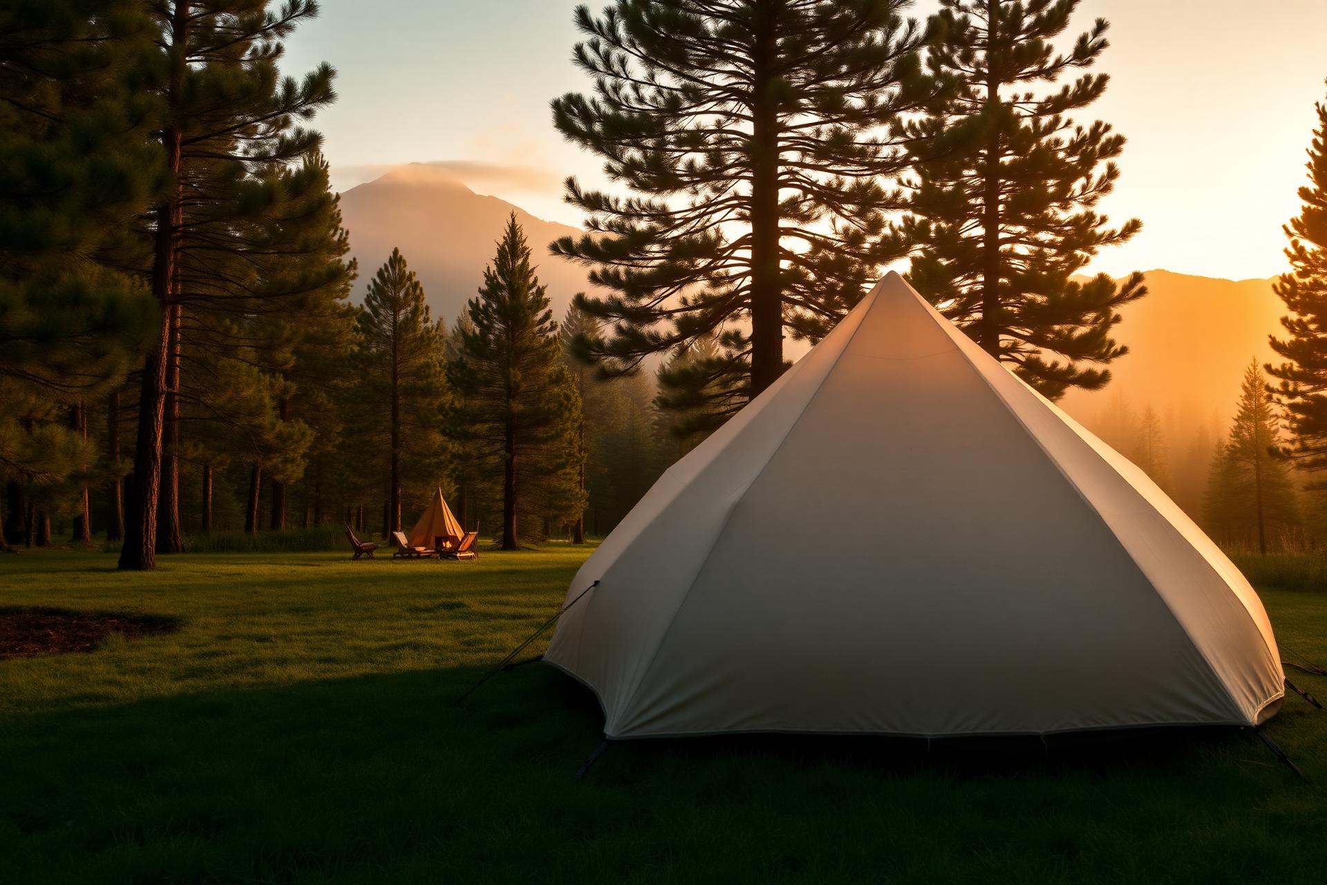 Tienda hinchable Glampnature al atardecer en un bosque de pinos
