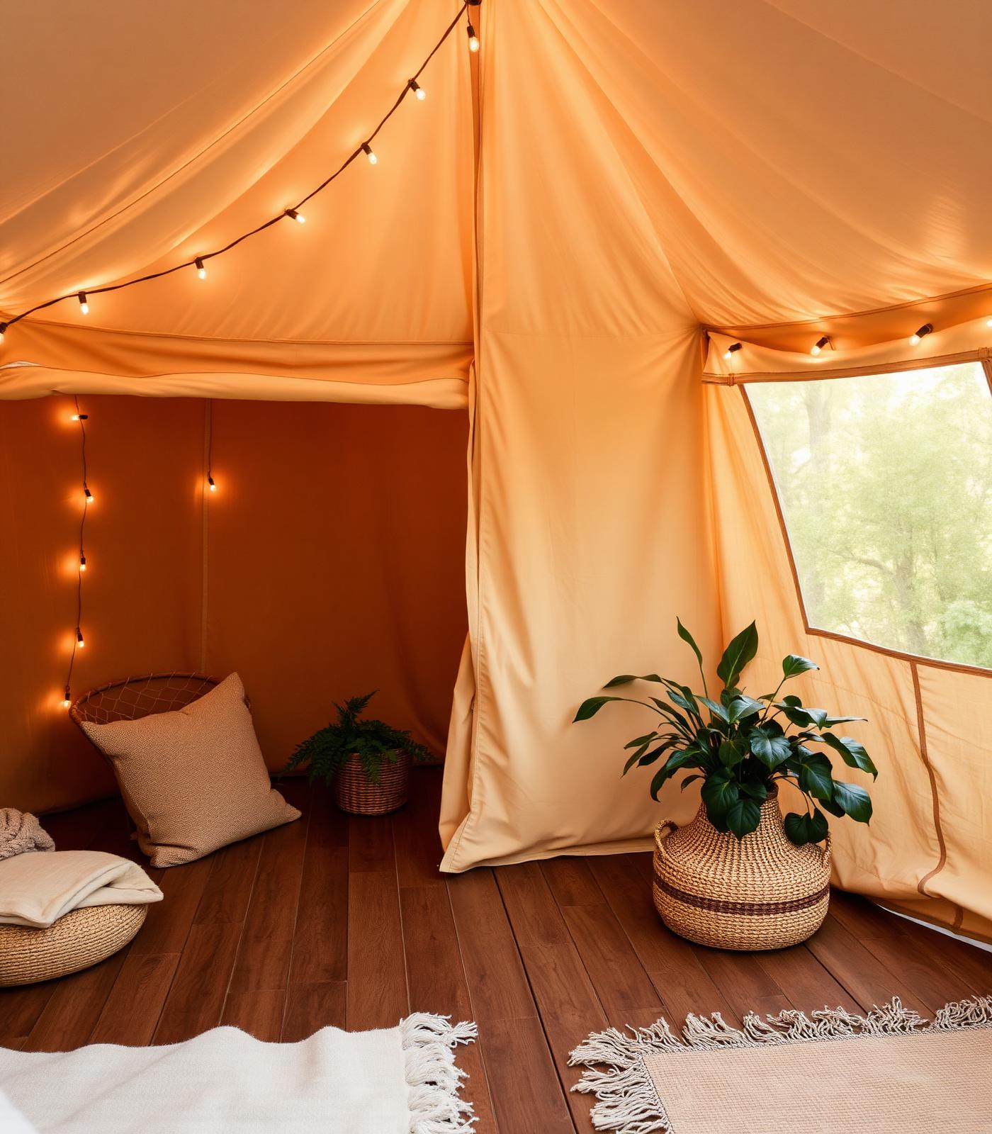 Interior cálido de una tienda de glamping