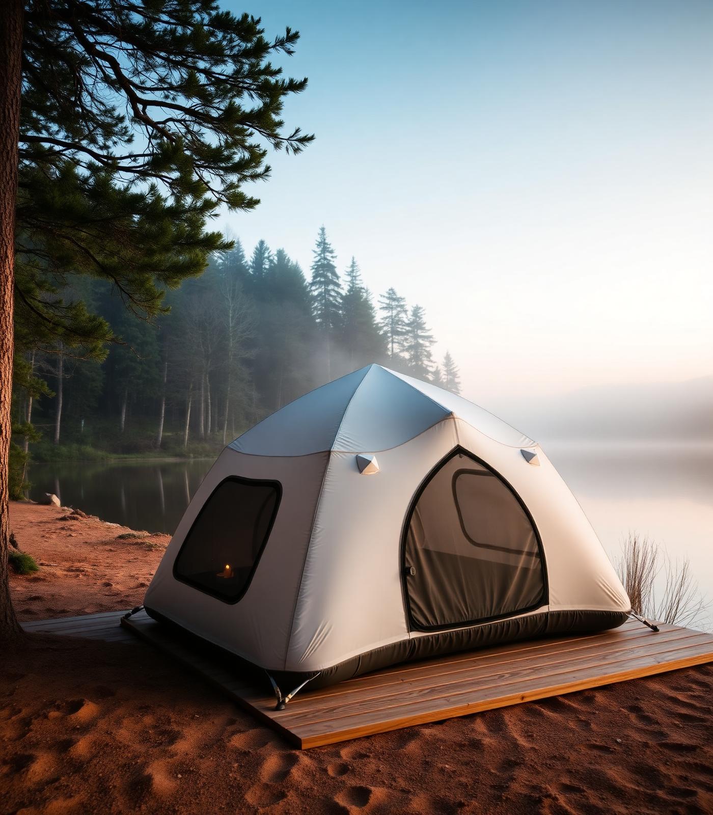 Tienda Glampnature junto a un lago al amanecer